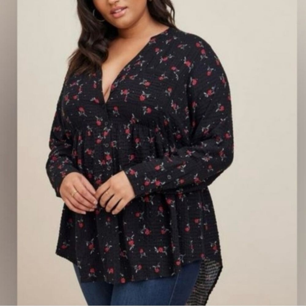 Torrid Tunic Crinkle Gauze Black Floral Babydoll Long Sleeve Top Button Front 1x